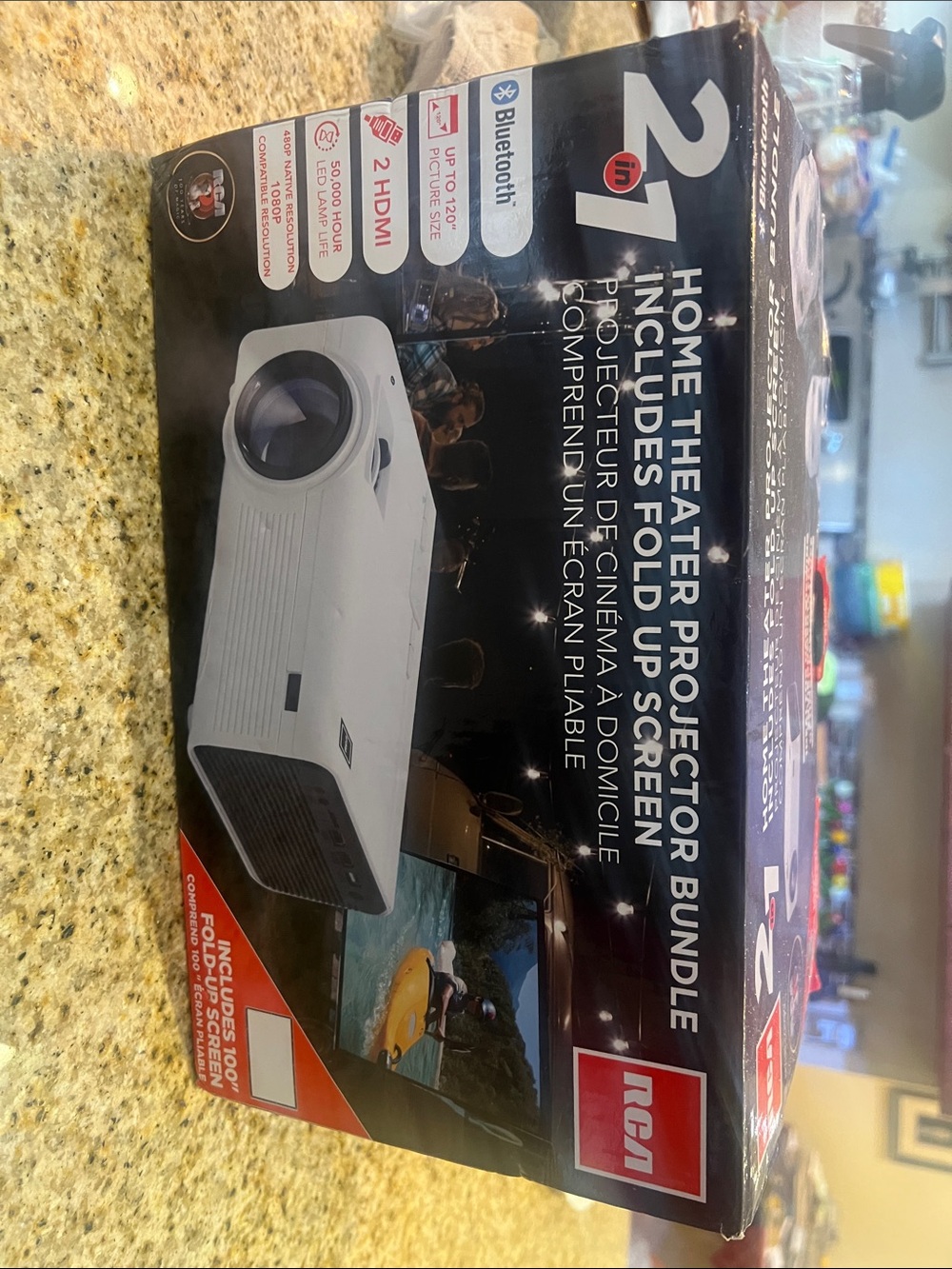 RCA White Home Theater Projector Bundle with Fold-Up Screen